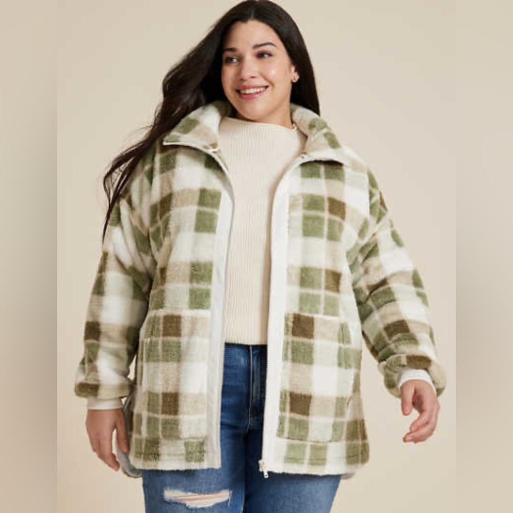 Maurices Green and Cream Plaid Teddy Jacket